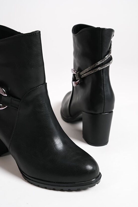 EDNA Fermuarlı Ortopedik Taban Taşlı Topuklu Kadın Bot CST - Siyah