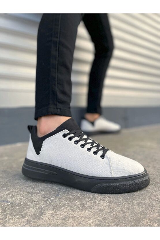 JY204 Flex Bağcıklı Keten Kumaş Erkek Günlük Sneaker Ayakkabı KST - BeyazSiyah