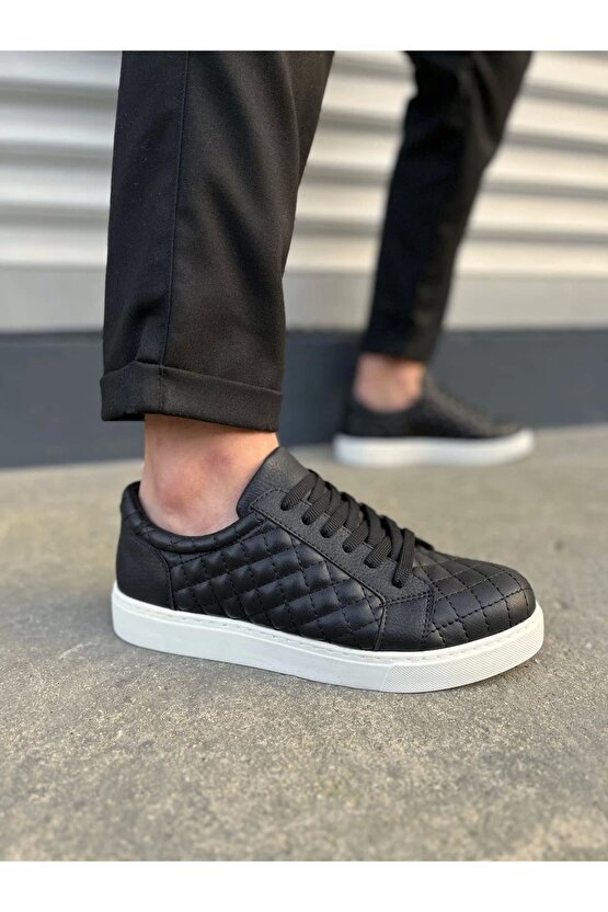JY166 Prestige Bağcıklı Cilt Kapitone Desenli Erkek Günlük Sneaker Ayakkabı CBT - Siyah