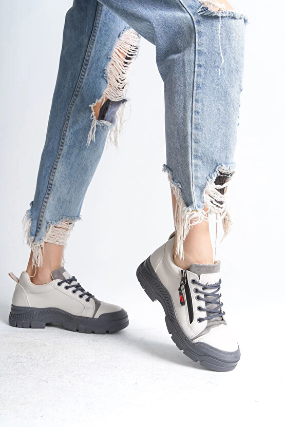 AGATHA Bağcıklı Fermuarlı Ortopedik Taban Kadın Sneaker Spor Ayakkabı CGT - Krem