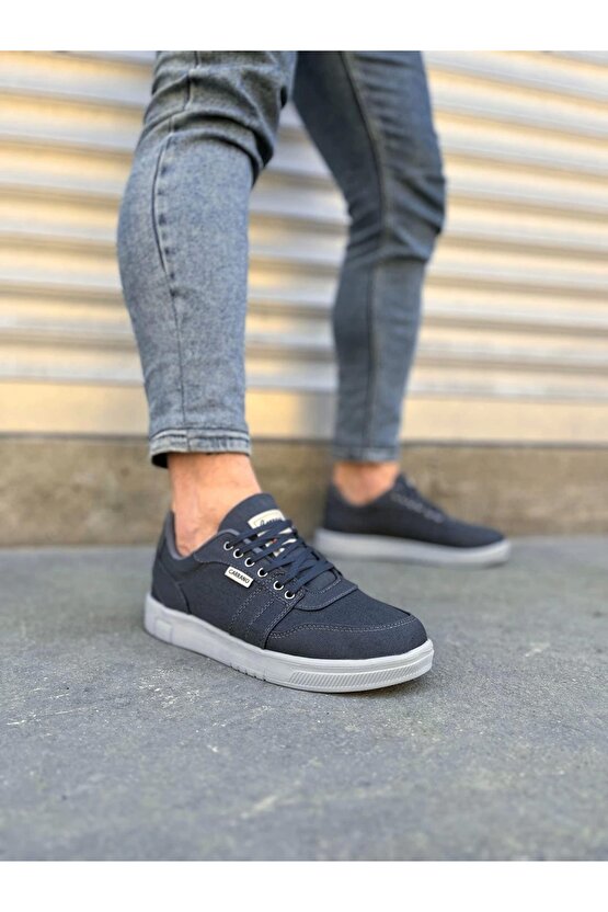 JY0118 REX Bağcıklı Keten Kumaş Erkek Günlük Sneaker Ayakkabı KGT - Füme