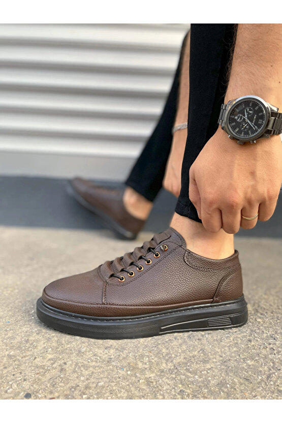 JY0535 Prime Bağcıklı Cilt Erkek Günlük Sneaker Ayakkabı CST - Kahverengi