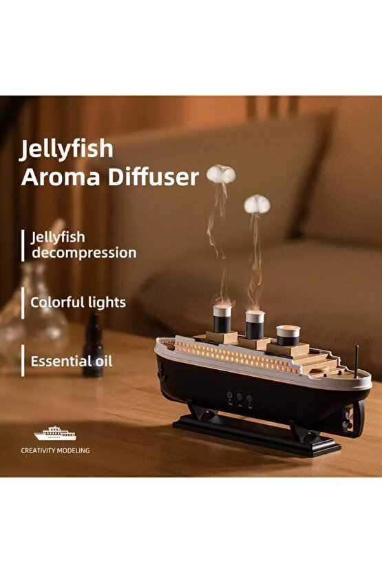 ODA HAVA NEMLENDİRİCİ AROMA DİFİZÖR HUMUDİFİER GEMİ ŞEKLİNDE RGB LED IŞIKLI BUHAR MAKİNESİ