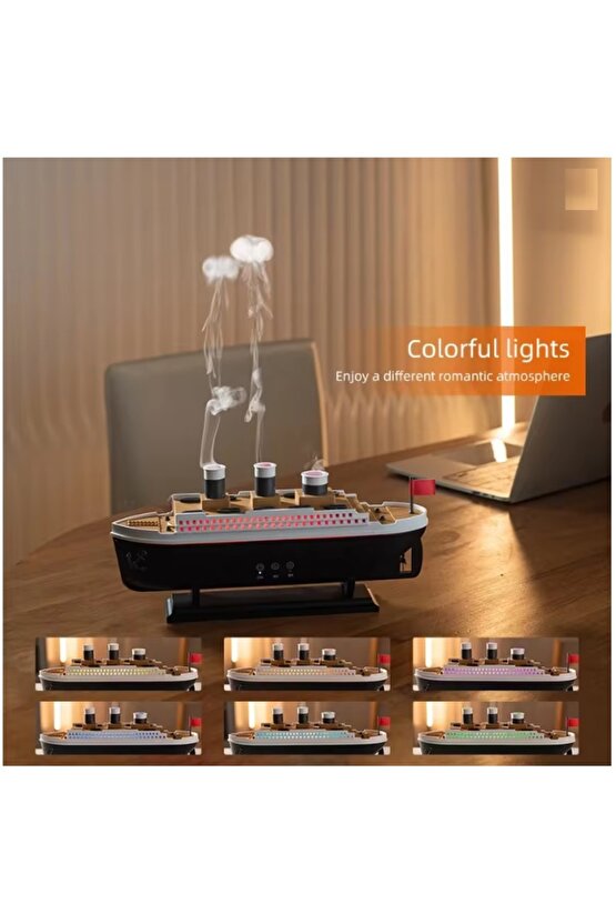 ODA HAVA NEMLENDİRİCİ AROMA DİFİZÖR HUMUDİFİER GEMİ ŞEKLİNDE RGB LED IŞIKLI BUHAR MAKİNESİ