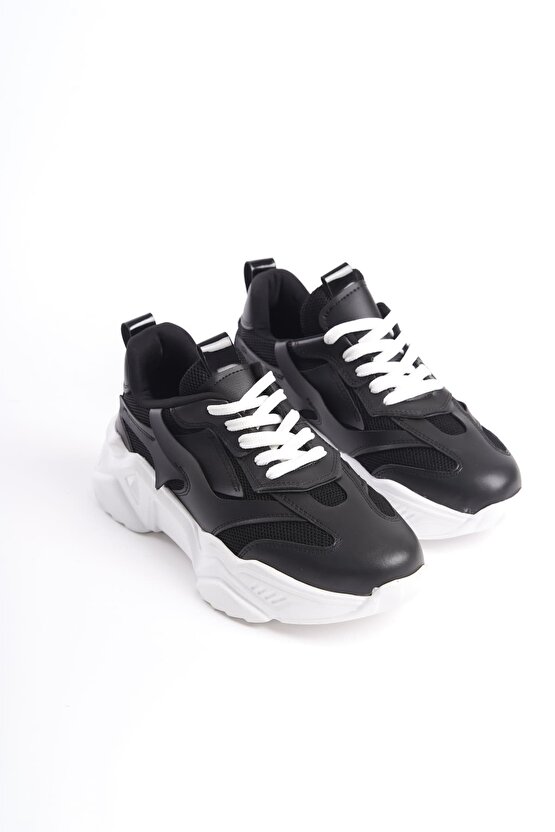 TOKYO Bağcıklı Ortopedik Taban Triko Detaylı Kadın Spor Ayakkabı TBT - Siyah