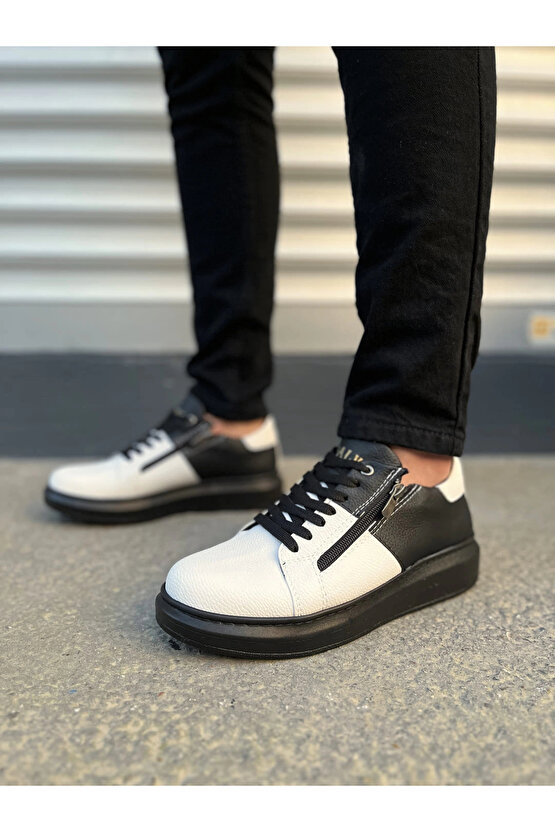 JY155 Warrior Bağcıklı ve Fermuarlı Cilt Erkek Günlük Sneaker Ayakkabı CST - SiyahBeyaz