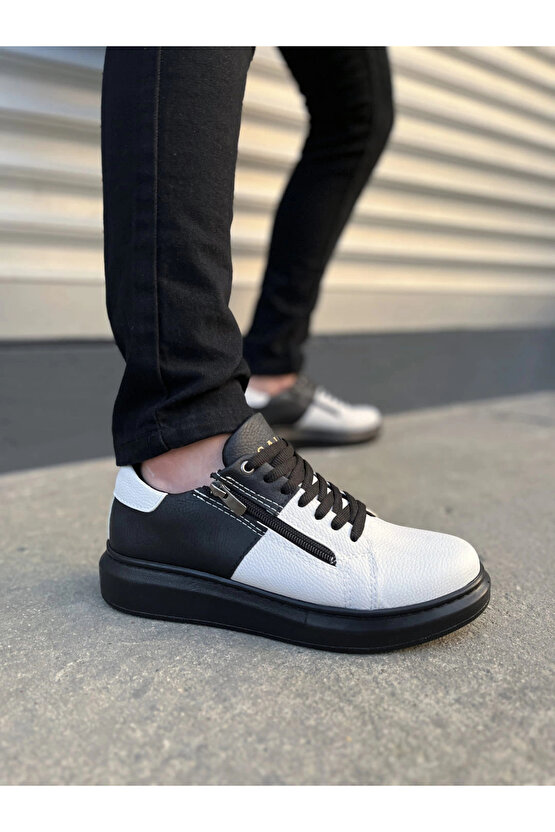 JY155 Warrior Bağcıklı ve Fermuarlı Cilt Erkek Günlük Sneaker Ayakkabı CST - SiyahBeyaz