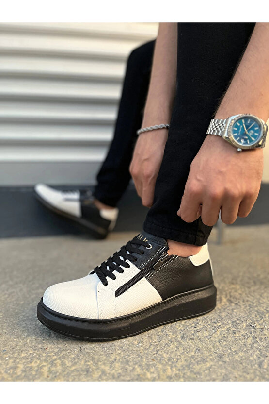 JY155 Warrior Bağcıklı ve Fermuarlı Cilt Erkek Günlük Sneaker Ayakkabı CST - SiyahBeyaz