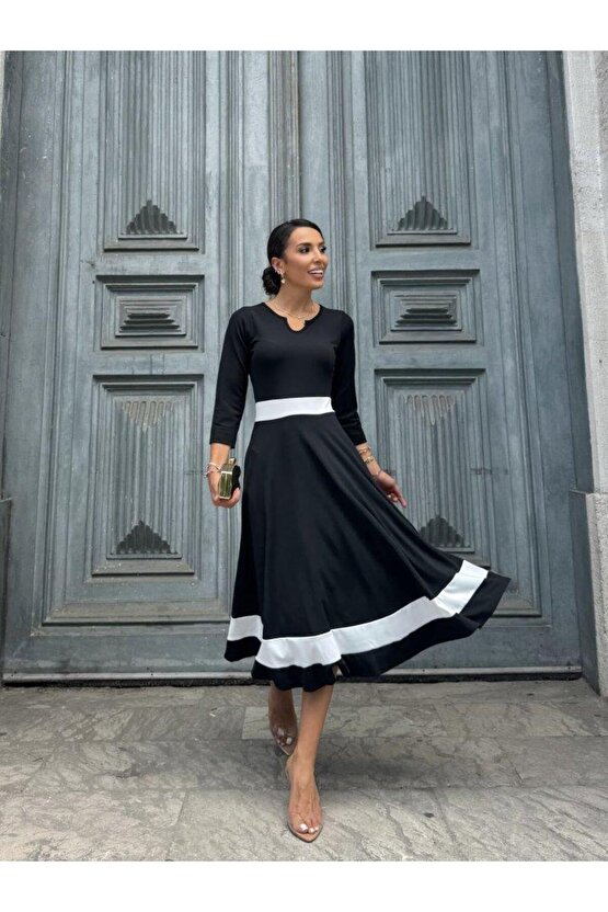 Kadın Truvakarkol Yakası Açık Blok Renkli Krep Midi Elbise