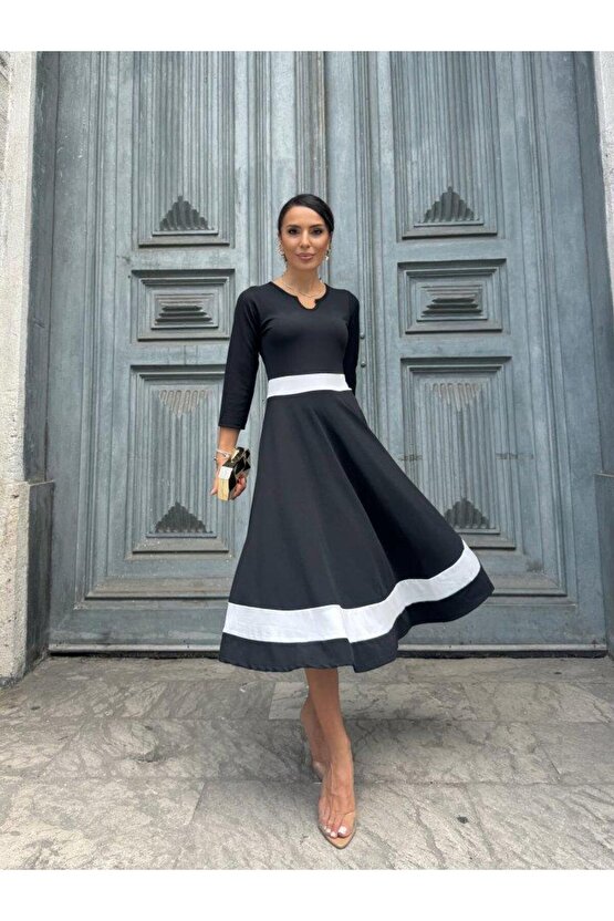 Kadın Truvakarkol Yakası Açık Blok Renkli Krep Midi Elbise