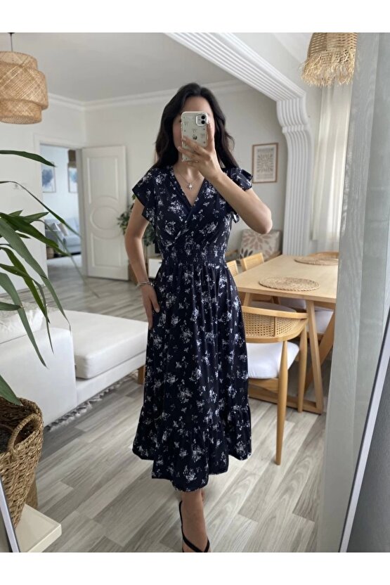 Kadın Kısa Kollu Kruvaze Yakalı Beli Lastikli çiçek Desenli Elbise