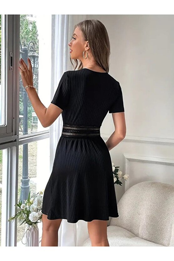 EQURİ Kadın Kısa Kollu Kruvaze Yakalı Belden Dantelli Kaşkorse Elbise