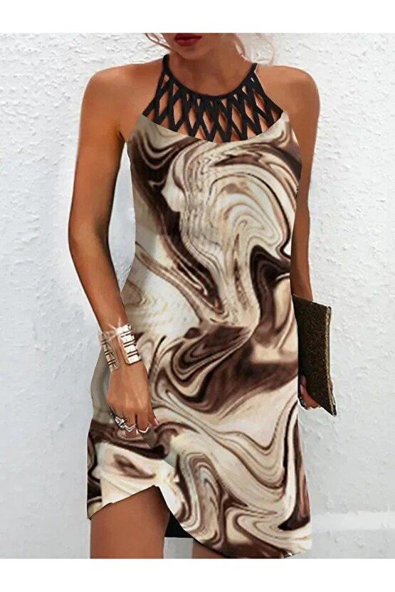 Kadın Sıfır Kol Soğuk Omuz Yaka Baskılı Süprem Elbise