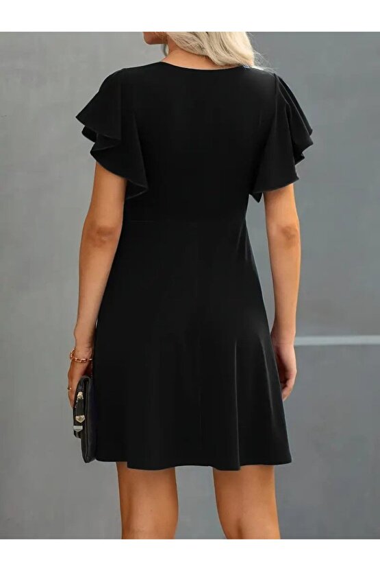 Kendim Fashion Kadın Kısa Kelebek Kollu Bisiklet Yaka Janjan Krep Elbise