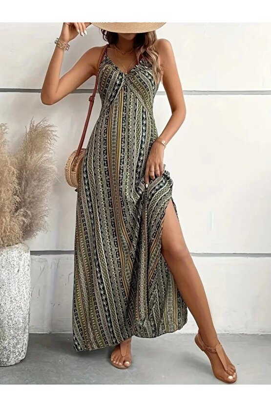 Kadın Ip Askılı Sırttan çapraz Detaylı Yırtmaçlı Desenli Süprem Elbise