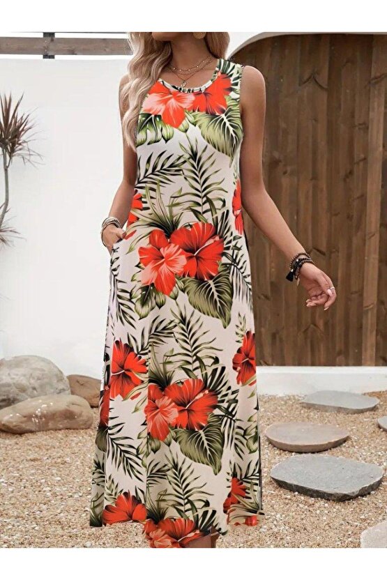 Kadın Askılı Yuvarlak Yaka Cepli Desenli Süprem Elbise