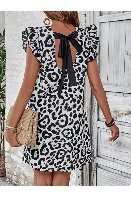 Kadın Kısa Kollu Kolları Fırfır Detay Arkası Bağlamalı Leopar Desen Kolsuz Mini Mikro Elbise