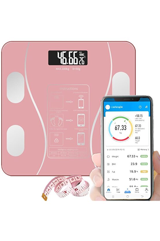 Dijital Baskül Yağ Su Kas Vücut Kitle Endeksi Kilo Ölçer Tartı Bluetooth lu