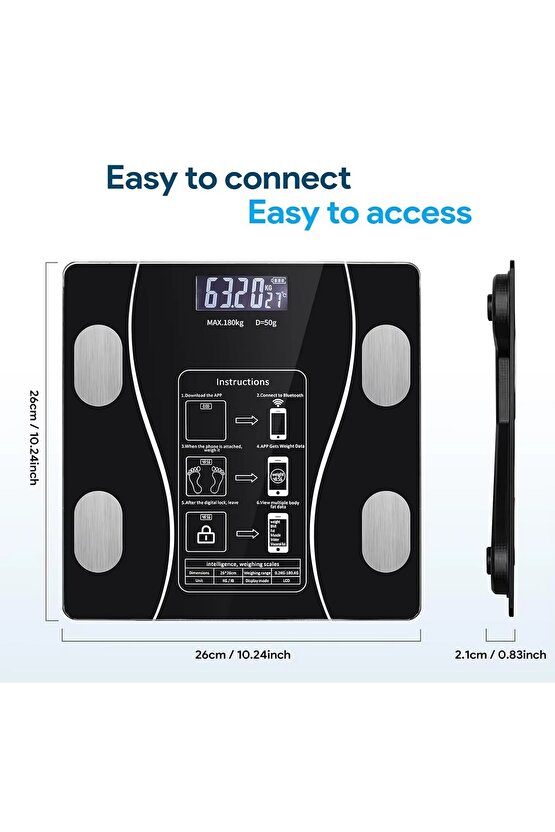 Dijital Baskül Yağ Su Kas Vücut Kitle Endeksi Kilo Ölçer Tartı Bluetooth lu
