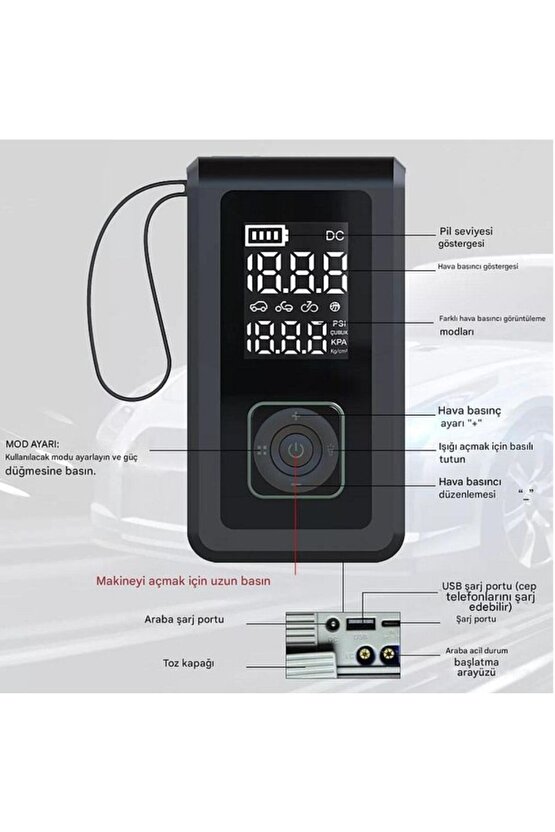 Multi Function Jump Starter Şarjlı Lastik Şişirme Pompası Akü Takviye Acil Durum Led Işık Powerbank