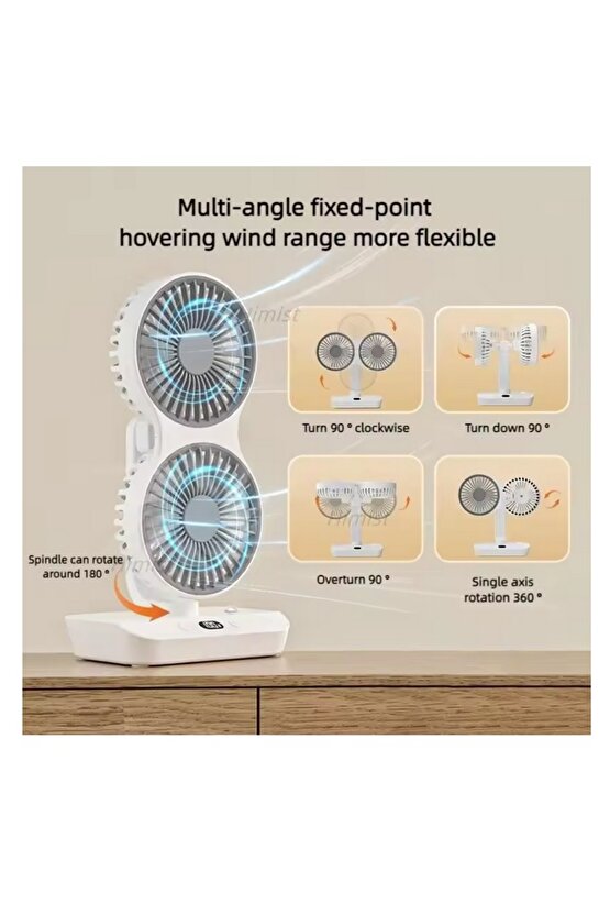 MASAÜSTÜ OTOMATİK SALINIMLI VANTİLATÖR ŞARJLI LED IŞIKLI 360 DERECE AYARLANABİLİR ASKILI FAN