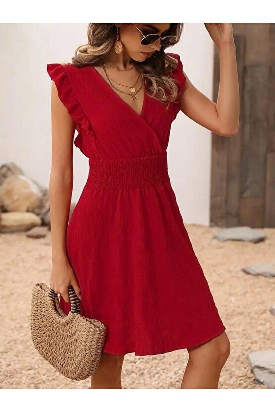 Kadın Kısa Kollu Kruvaze Yakalı Beli Lastikli Aerobin Elbise