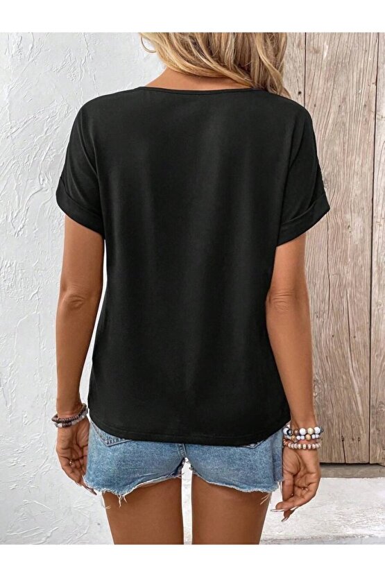 Kadın Kısa Kollu Bisiklet Yaka Dantel Detaylı Viskon Bluz