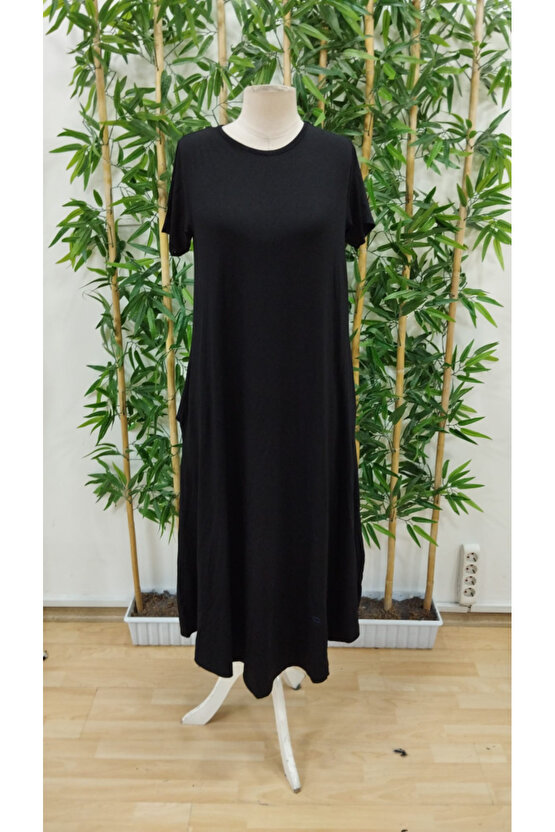 Kadın Kısa Kollu Bisiklet Yaka Cepli Salaş Viskon Elbise