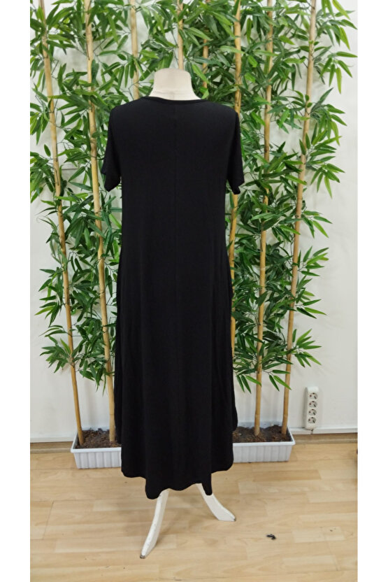 Kadın Kısa Kollu Bisiklet Yaka Cepli Salaş Viskon Elbise