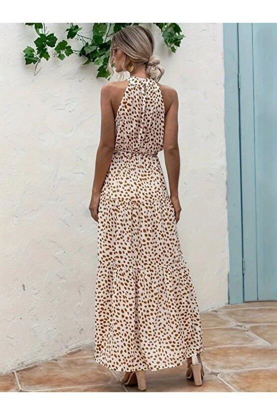 Kadın Daire Yakalı Beli Lastikli Desenli Süprem Elbise