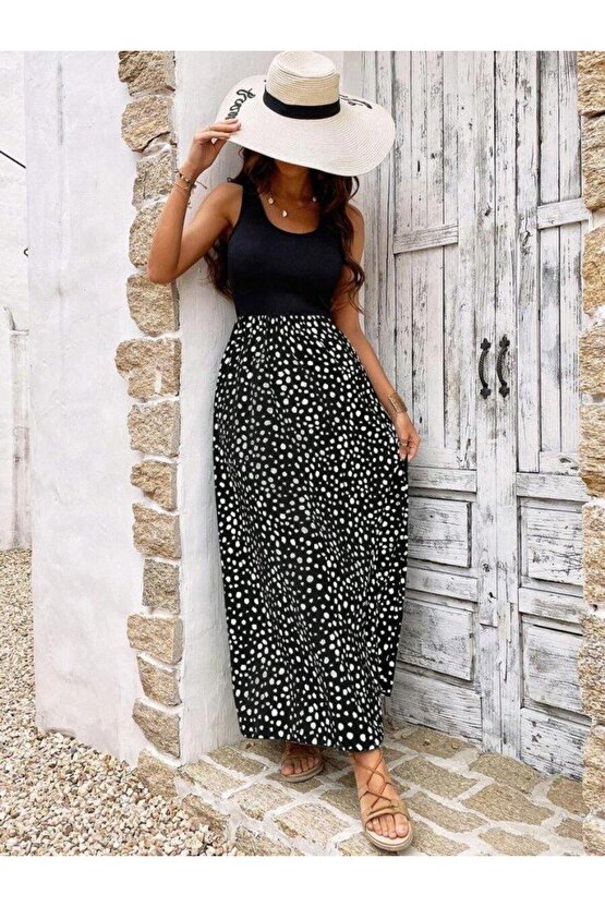 Kadın Askılı Yuvarlak Yaka üst Viskon Alt Desenli Bürümcük Elbise