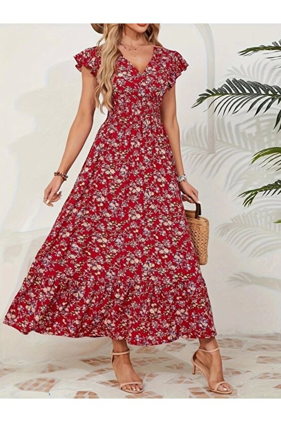 Kadın Kısa Kollu Kruvaze Yaka Beli Lastikli çiçek Desenli Elbise