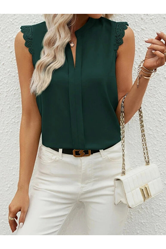 Kadın Kısa Dantel Kollu Hakim Yaka Ithal Krep Bluz