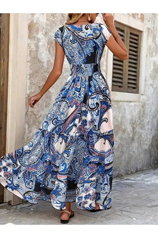 Kadın Kısa Yarasa Kanat Kollu V Yakalı Beli Büzgülü Süprem Elbise