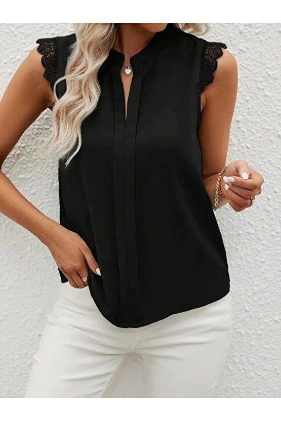 Kadın Kısa Dantel Kollu Hakim Yaka Ithal Krep Bluz