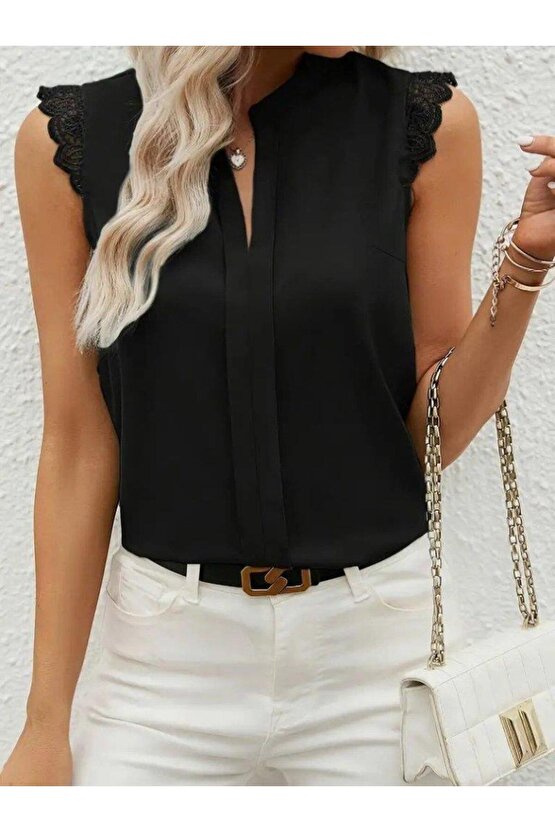 Kadın Kısa Dantel Kollu Hakim Yaka Ithal Krep Bluz