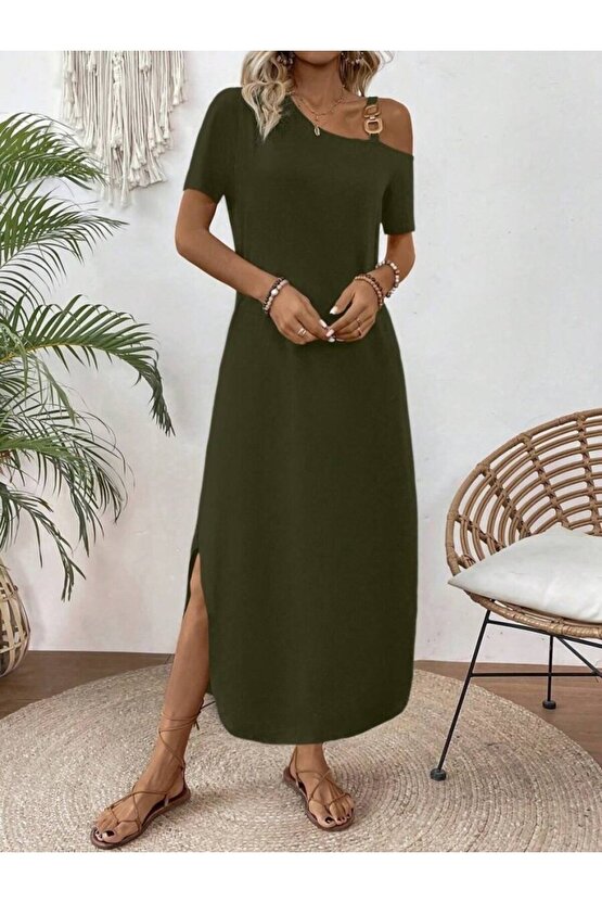 Kadın Tek Omuzdan Açık Toka Detaylı Yandan Yırtmaçlı Maksi Boy Viskon Elbise