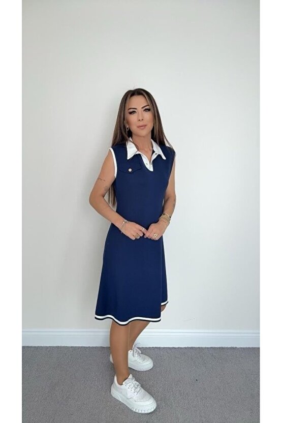 Kadın Ribana Detaylı Sıfır Kol Midi Boy Elbise