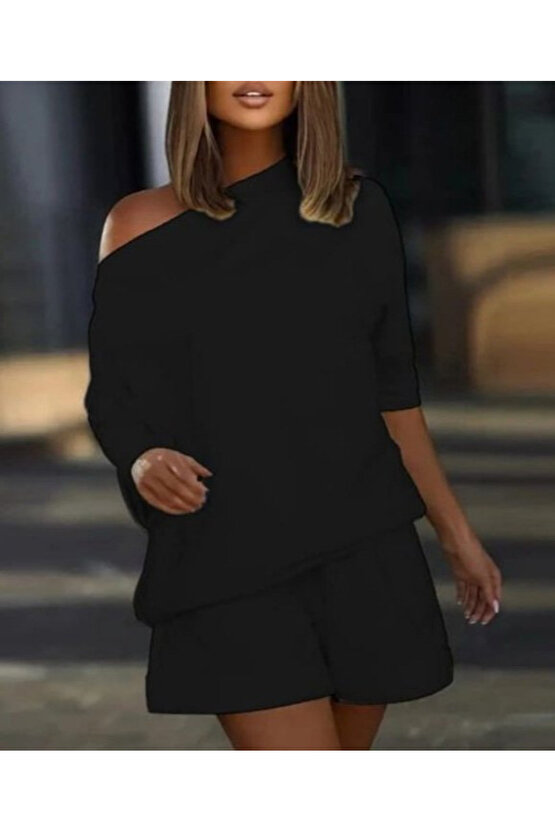 Kadın Kayık Yaka Salaş Iki Iplik Bluz Ve şort Ikili Takım