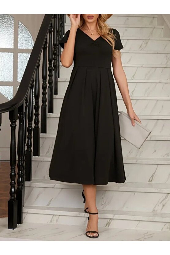 Kadın Kısa Kollu V Yakalı önden Pileli Midi Janjan Krep Elbise
