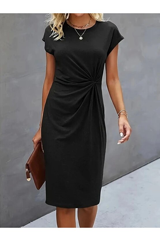 Kadın Kısa Kollu Bisiklet Yaka Yandan Büzgülü Midi Viskon Elbise