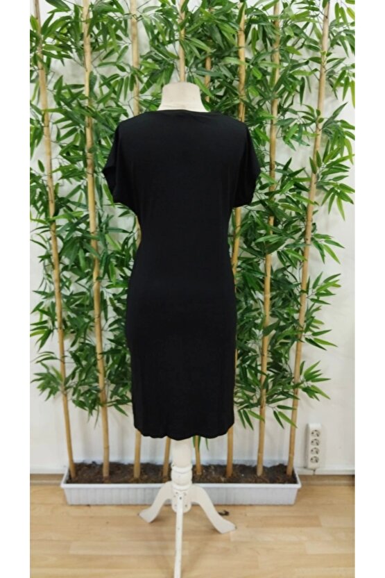 Kadın Kısa Kollu Bisiklet Yaka Yandan Büzgülü Midi Viskon Elbise