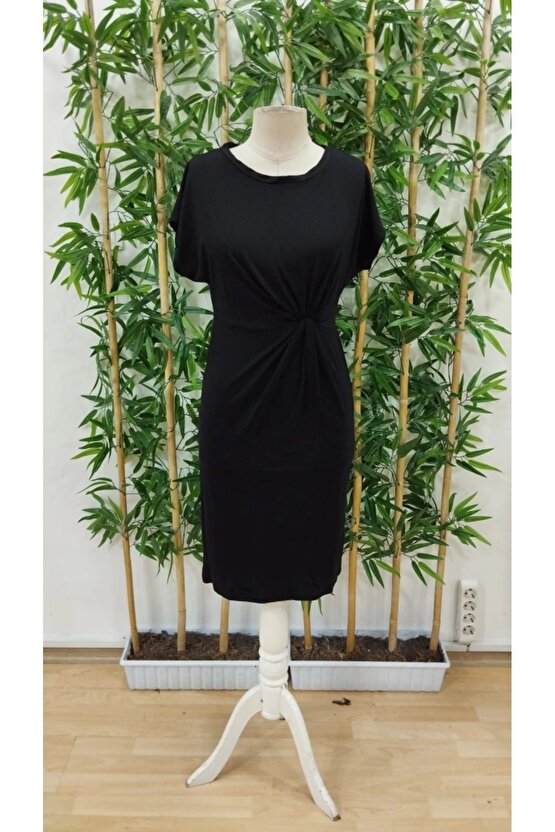 Kadın Kısa Kollu Bisiklet Yaka Yandan Büzgülü Midi Viskon Elbise