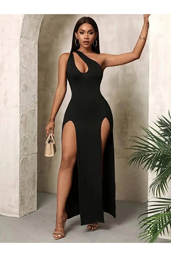 Kadın Tek Omuzdan Açık Damla Detaylı Yırtmaç Detaylı Uzun Janjan Krep Elbise