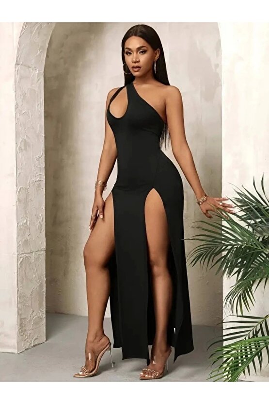 Kadın Tek Omuzdan Açık Damla Detaylı Yırtmaç Detaylı Uzun Janjan Krep Elbise