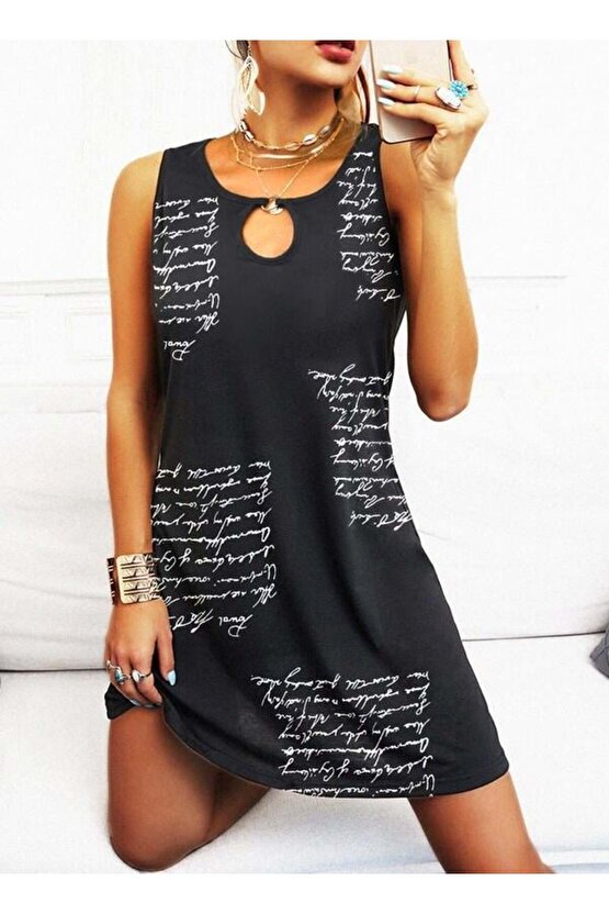 Kadın Kolsuz Halka Detay Mektup Desenli Mikro Elbise