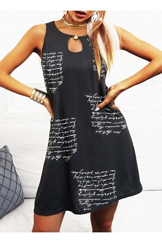 Kadın Kolsuz Halka Detay Mektup Desenli Mikro Elbise