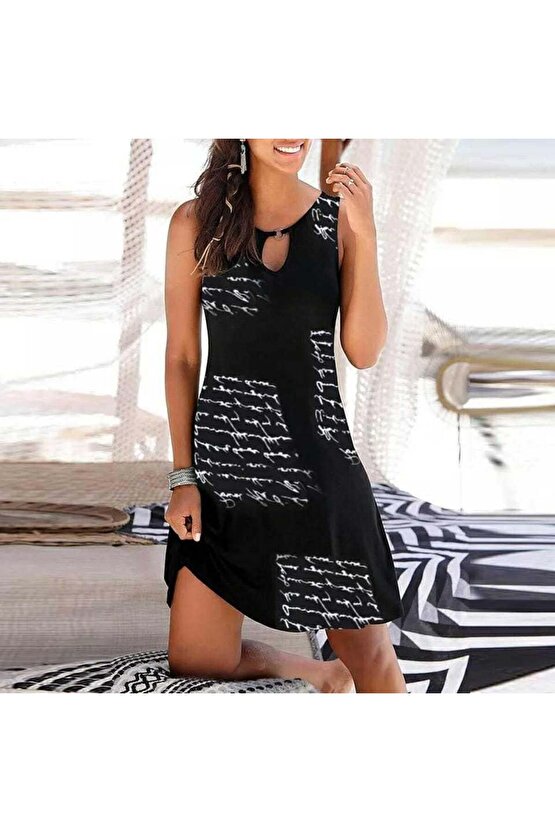 Kadın Kolsuz Halka Detay Mektup Desenli Mikro Elbise