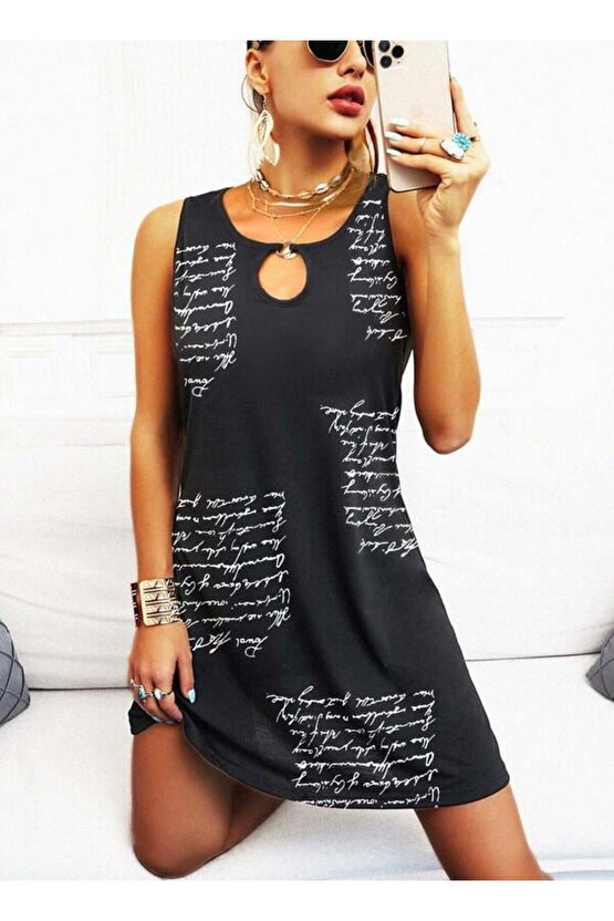 Kadın Kolsuz Halka Detay Mektup Desenli Mikro Elbise