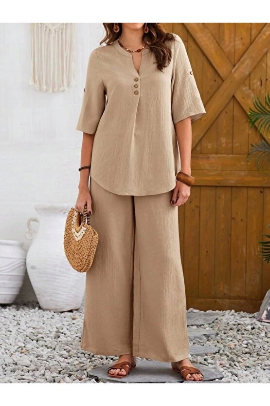 Kadın Kısa Kollu V Hakim Yaka Düğmeli Bürümcük Bluz Ve Pantolon Ikili Takım